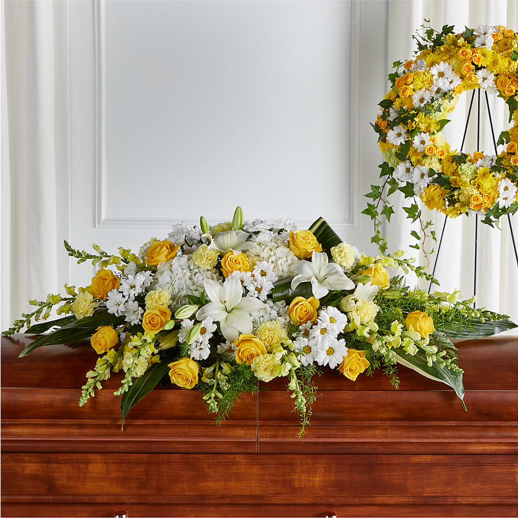 Golden Harmony Casket Spray – Rose Girls, Whittier CA
