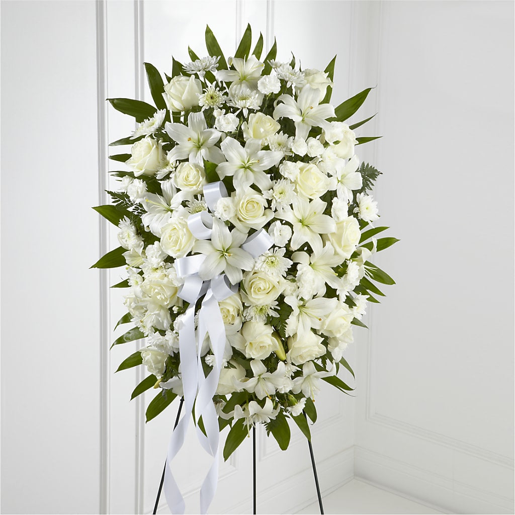 Exquisite Tribute Standing Spray-White Ribbon – Rose Girls, Whittier CA