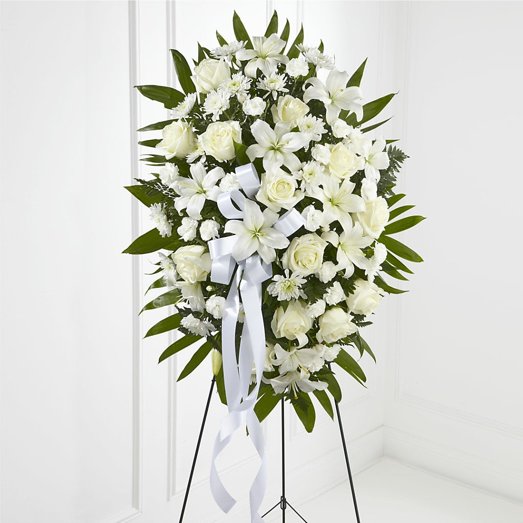 Exquisite Tribute Standing Spray-White Ribbon – Rose Girls, Whittier CA
