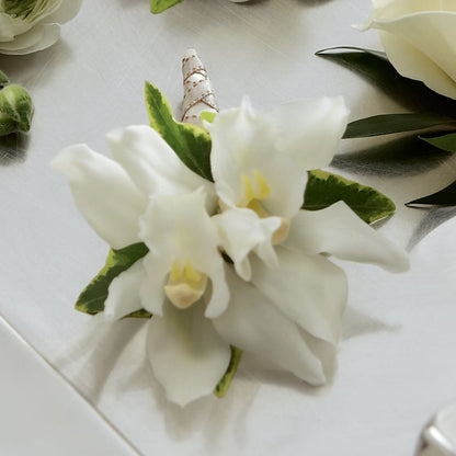 White Mini Cymbidium Boutonniere –  Rose Girls, Whittier CA
